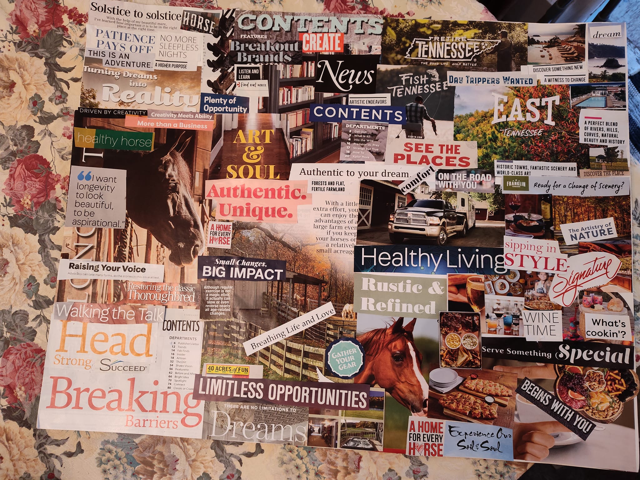 Collage of various magazine clippings, headlines, and images related to art, nature, lifestyle, and community topics.