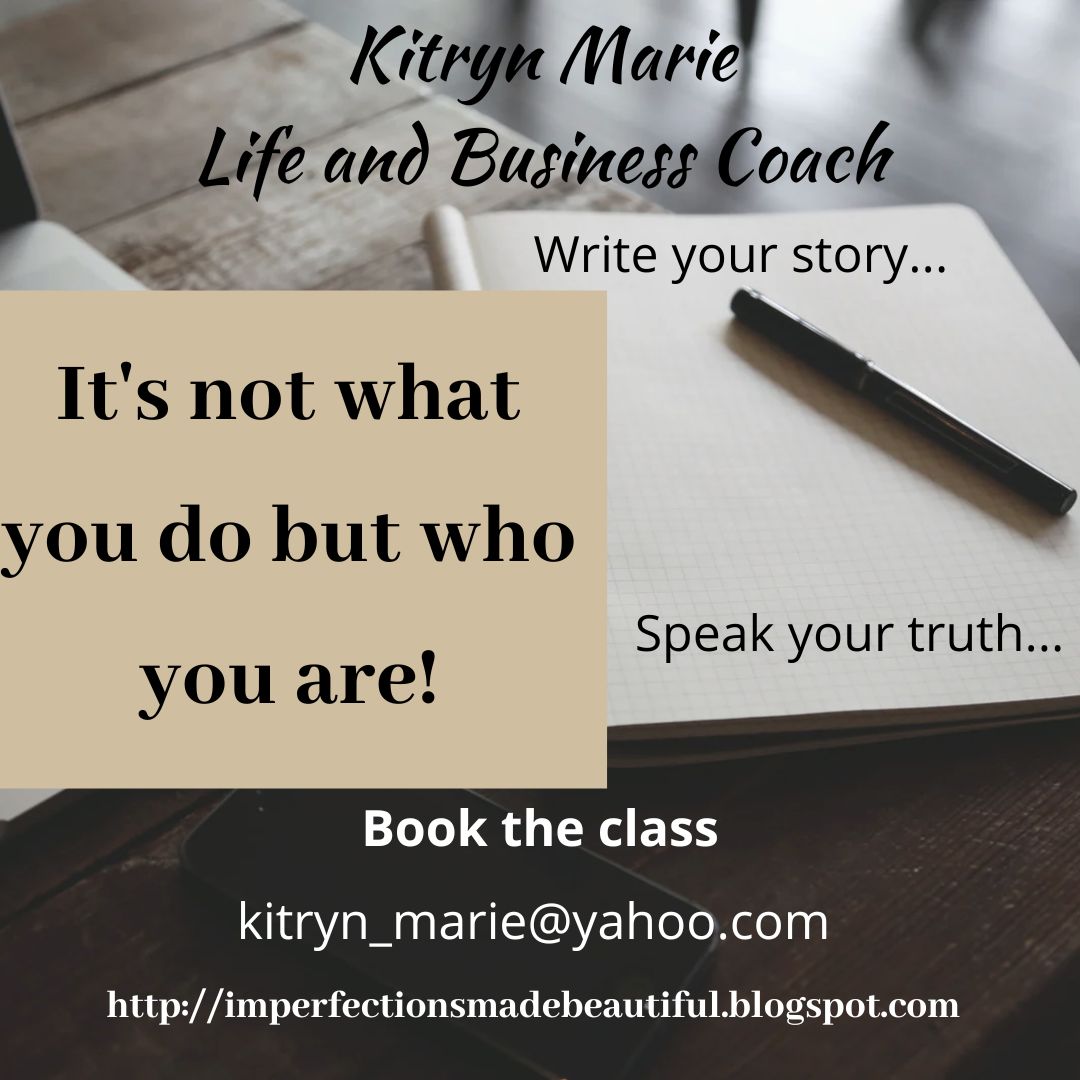 Open notebook with pen on table, promotional text for coaching and classes, email and blog URL included.