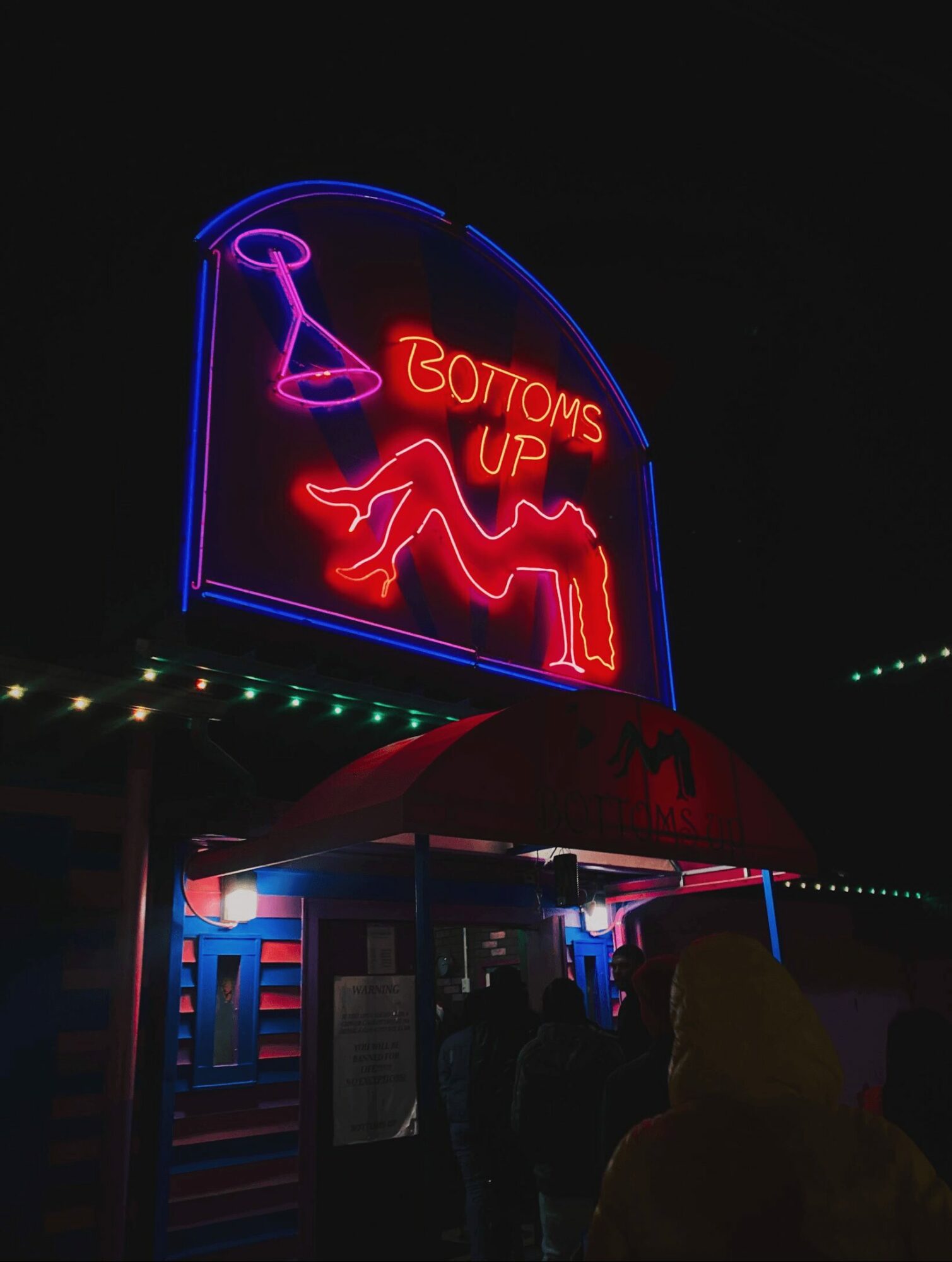 Neon sign with a boot, a dog, and the words 'BOTTOMS UP' above a building entrance at night.