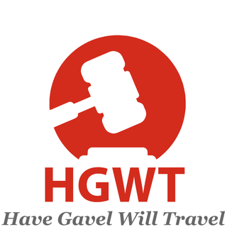 Gavel inside a red circle with the text 'HGWT' and slogan 'Have Gavel Will Travel'.