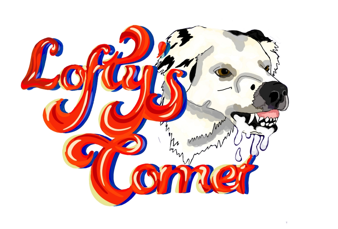 Logo with text 'Laffy's Corner' and a white dog with black spots, showing teeth, on a white background.