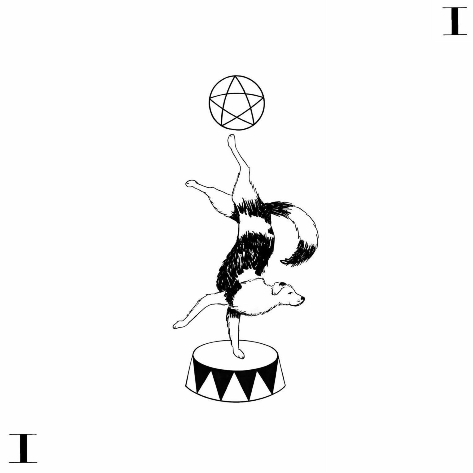 A person balancing on one hand on a circular platform, with legs and arms extended, and a pentagram above. Black and white drawing.