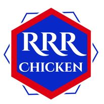 Logo with a blue hexagon, red border, and white text reading RRR CHICKEN.