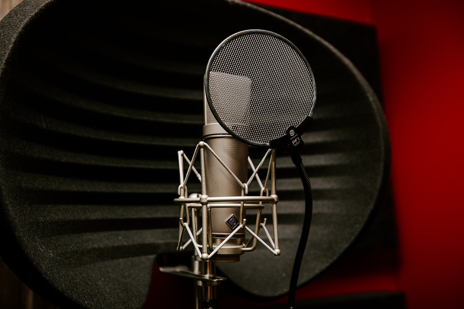 Studio microphone with pop filter in front of soundproofing foam, red background, close-up view.