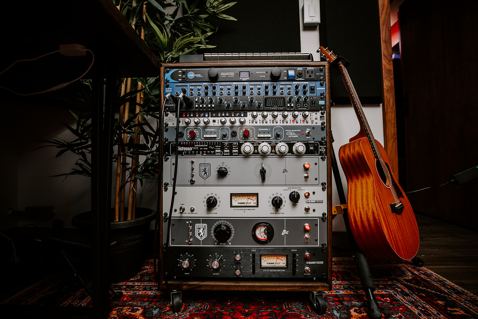 Audio equipment rack with various controls, a guitar leaning against it, and a plant nearby, on a patterned rug.
