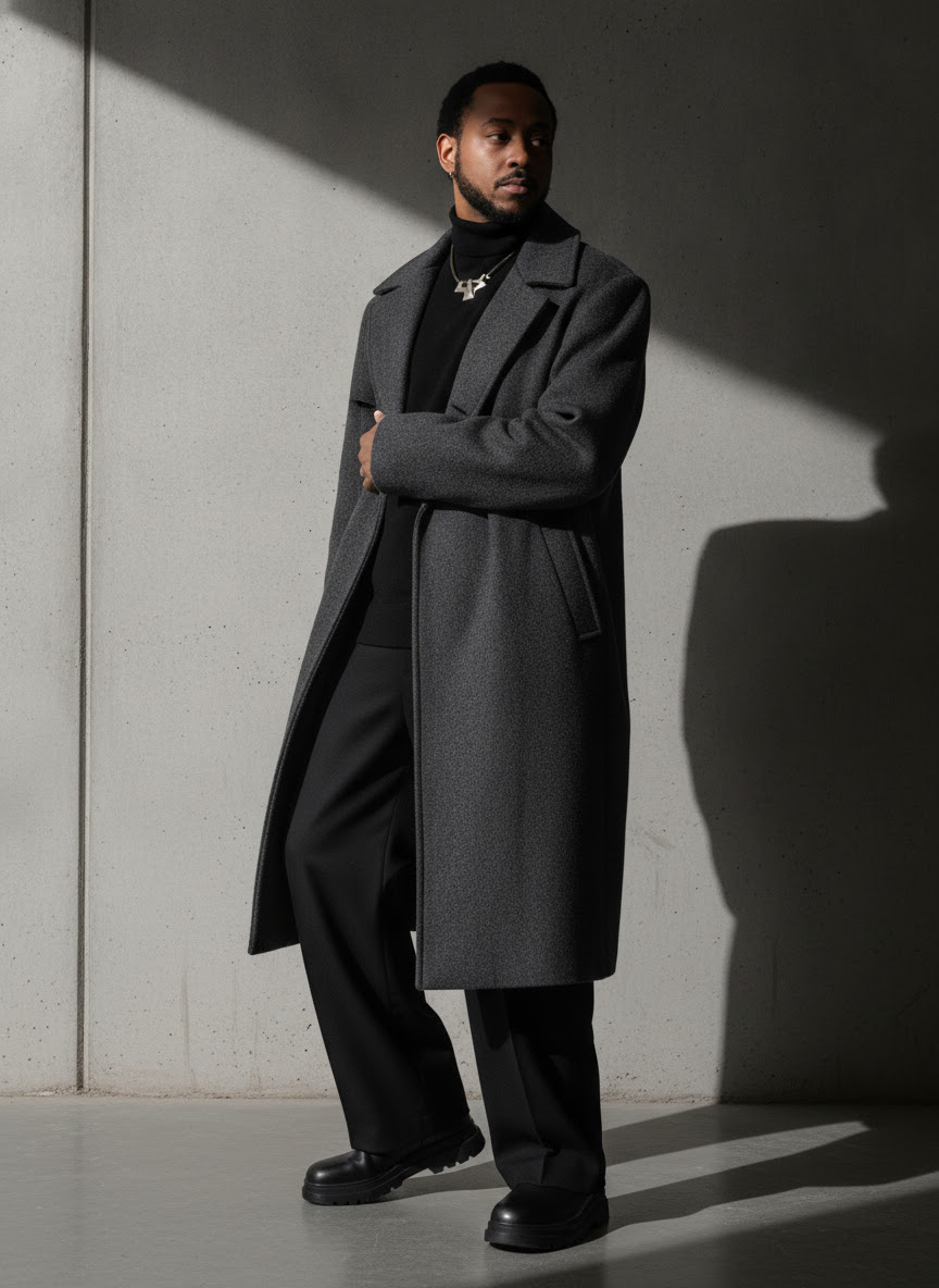 Man in dark coat and pants standing against a wall with shadow, arms crossed, looking to the side.