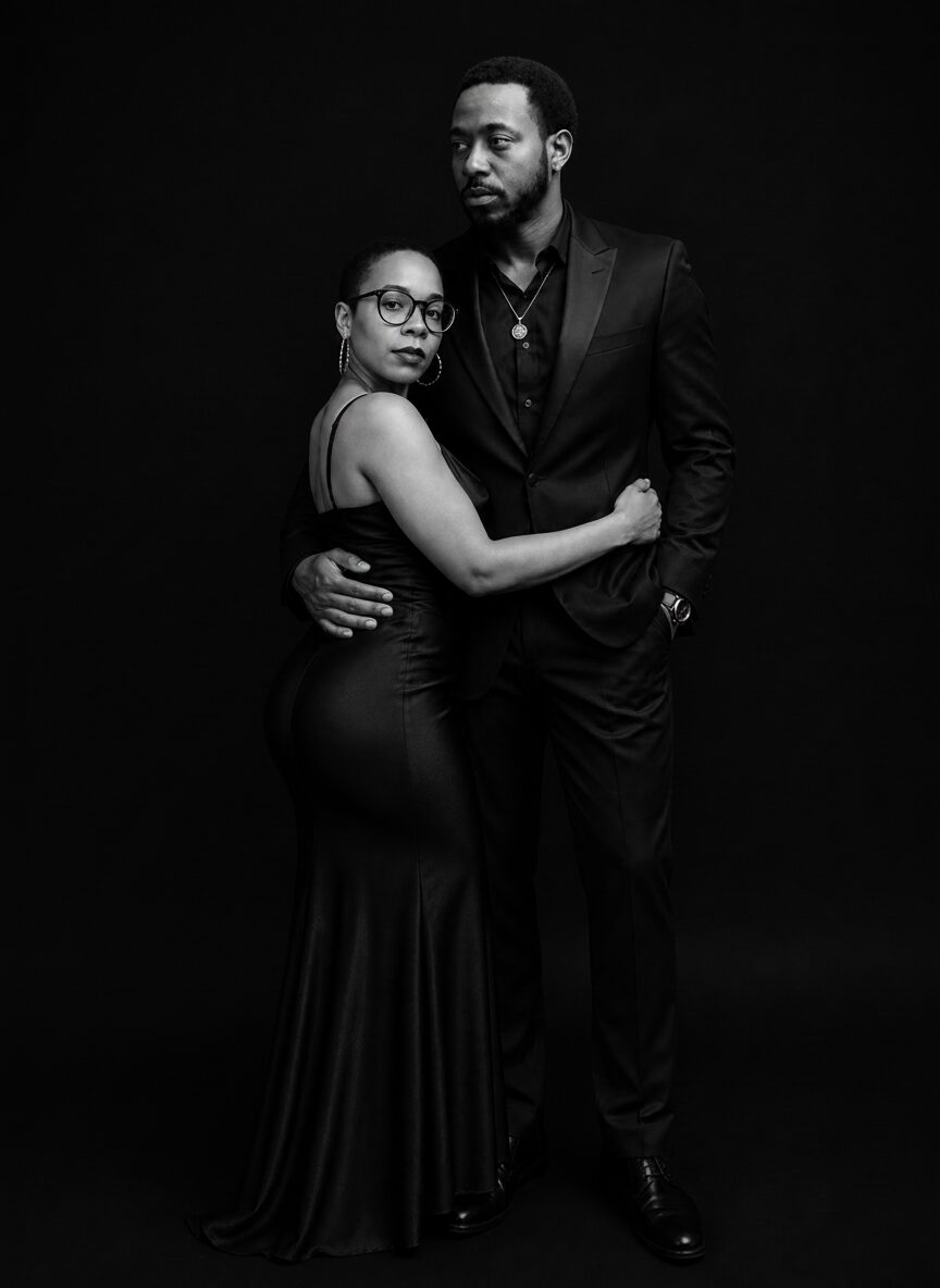 A man and woman pose together against a dark background, with the woman embracing the man. Both are dressed formally.