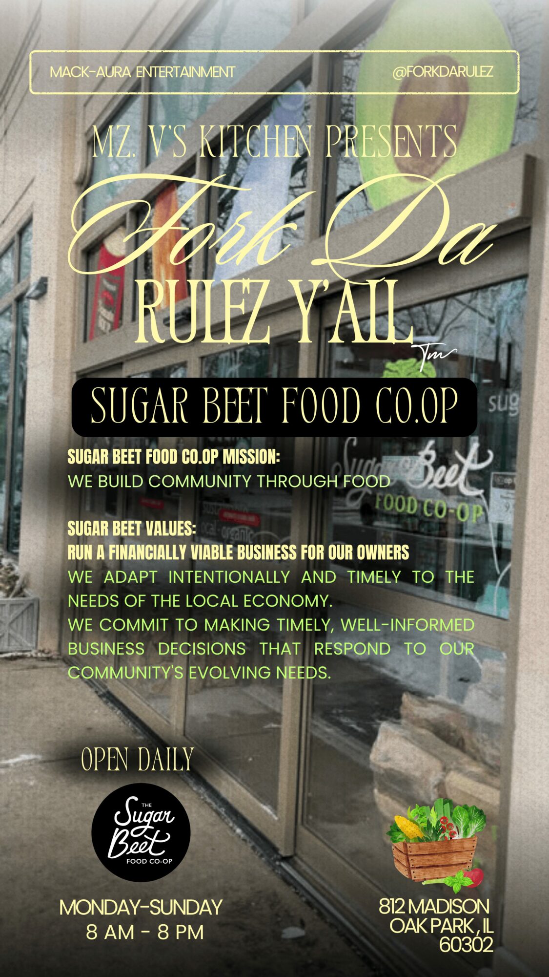 Storefront with signs advertising food and beverages, including a colorful sign for a food co-op, and a sidewalk with a potted plant.