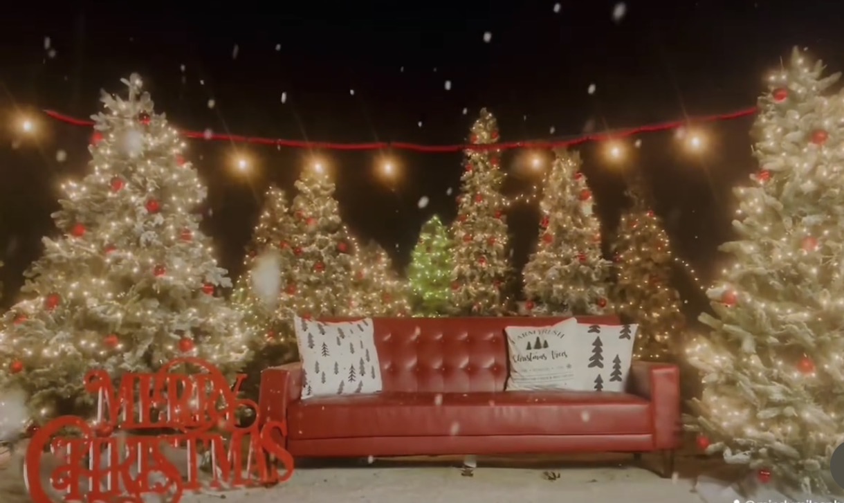 Christmas scene with decorated trees, string lights, a red sofa, and holiday decorations, including a red 'Merry Christmas' sign.