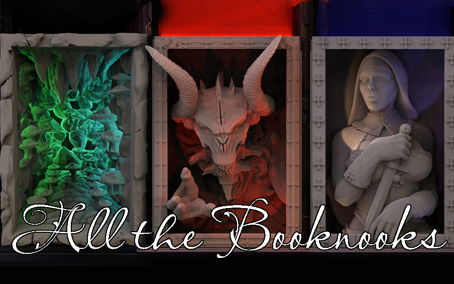 Three display cases with fantasy-themed sculptures: a green creature, a red dragon head, and a woman with a book, with text 'All the Booknooks'.