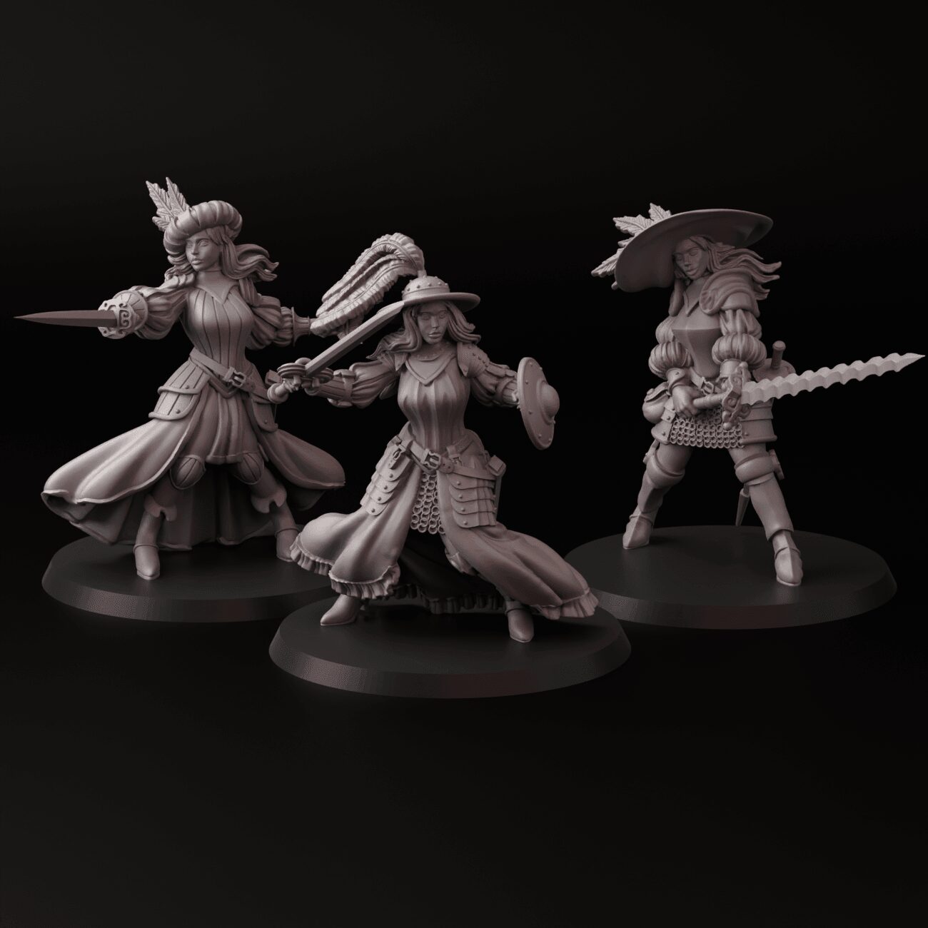 Three detailed fantasy miniature figures with weapons and armor, posed dynamically on round bases, against a black background.