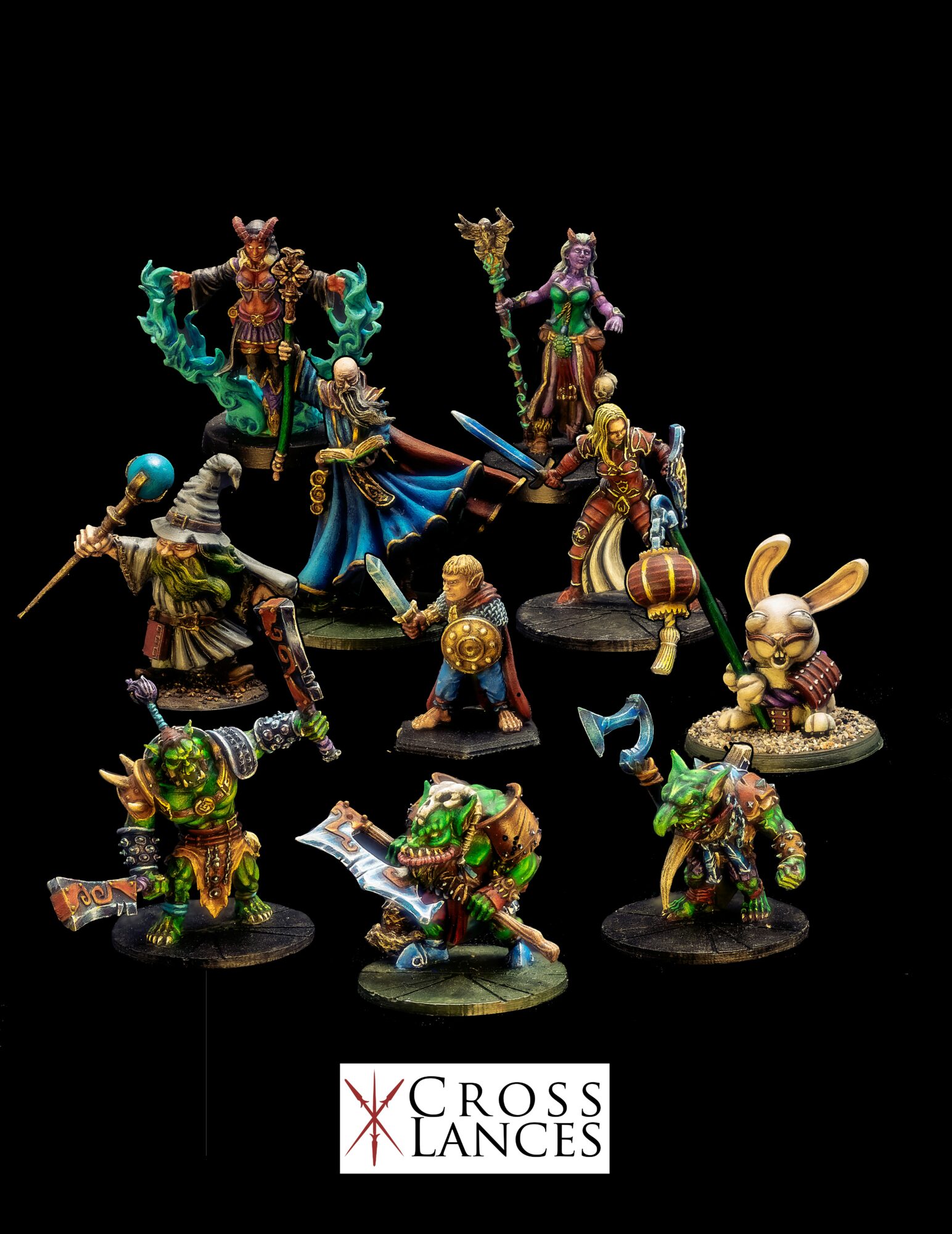 Group of fantasy miniature figures with weapons and armor, arranged on black background, with Cross Lances logo below.