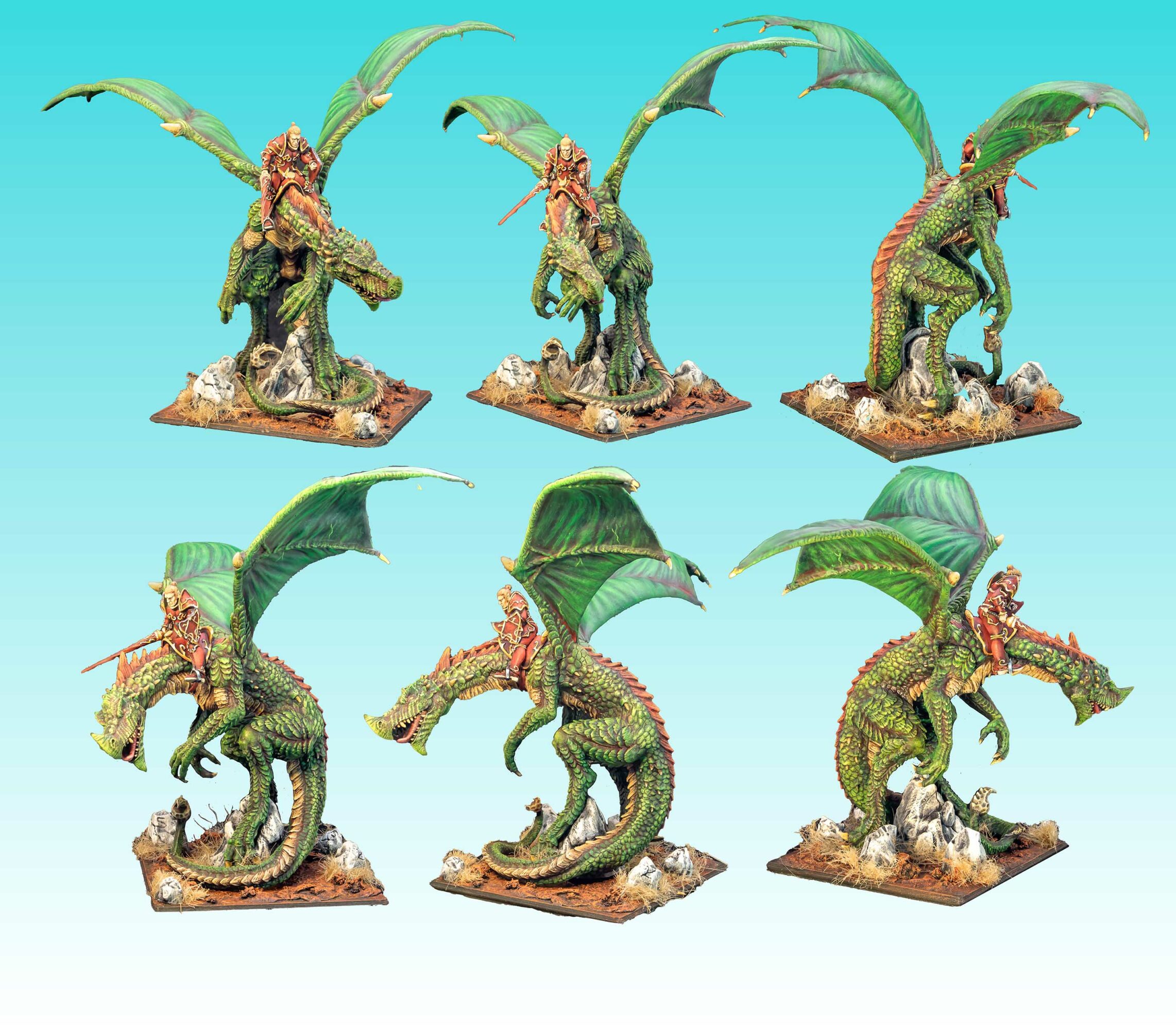 Six painted dragon figurines with wings, in various poses, on bases, set against a blue background.