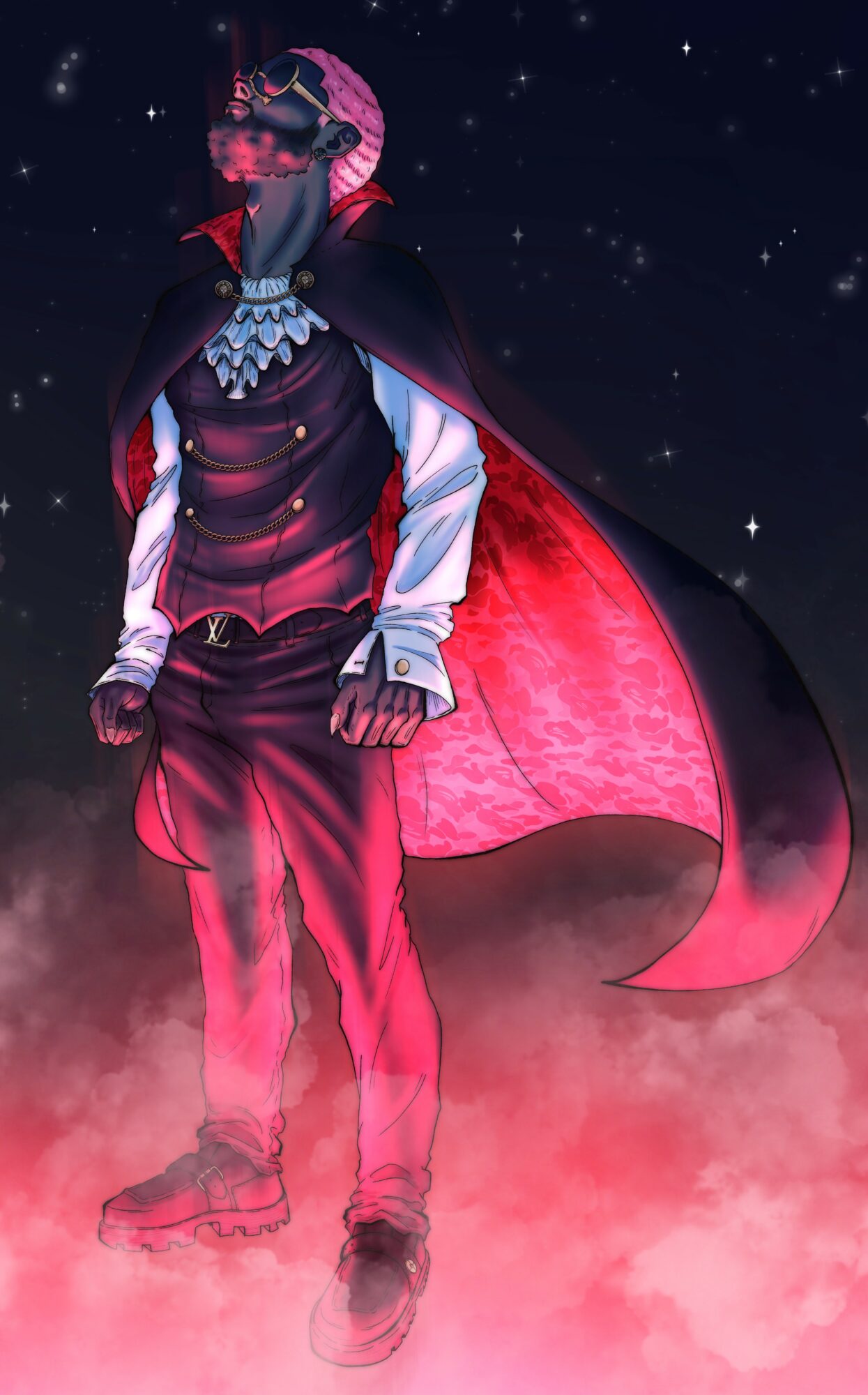 A character with a dragon tail and horns stands in a starry night sky with red fog, wearing a dark jacket and pants.