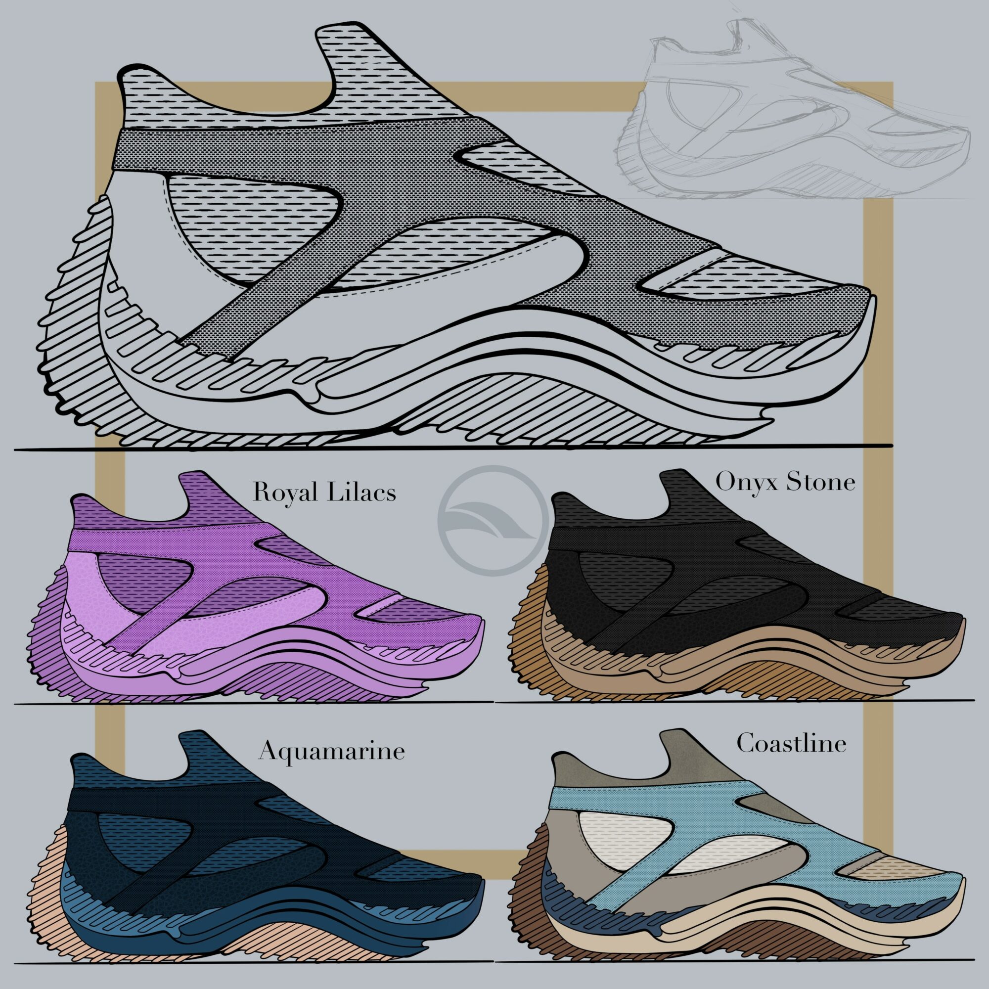 Illustration of five different sneaker designs in various colors and styles, labeled Royal Lilacs, Onyx Stone, Aquamarine, Coastline, and a partially visible sneaker in the background.
