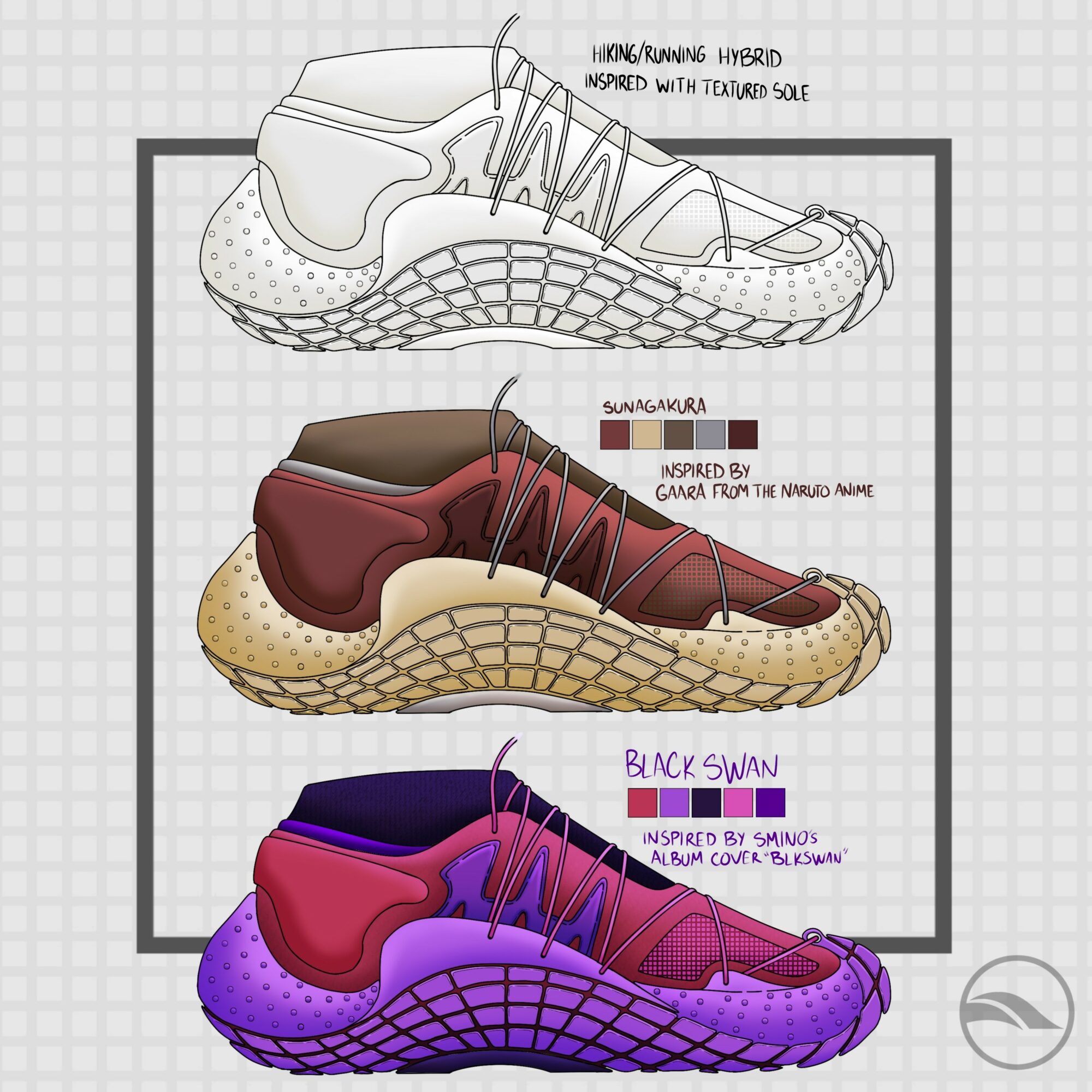 Three sneaker designs with different color schemes and inspirations, labeled as hybrid, gaming, and album cover inspired, on a grid background.