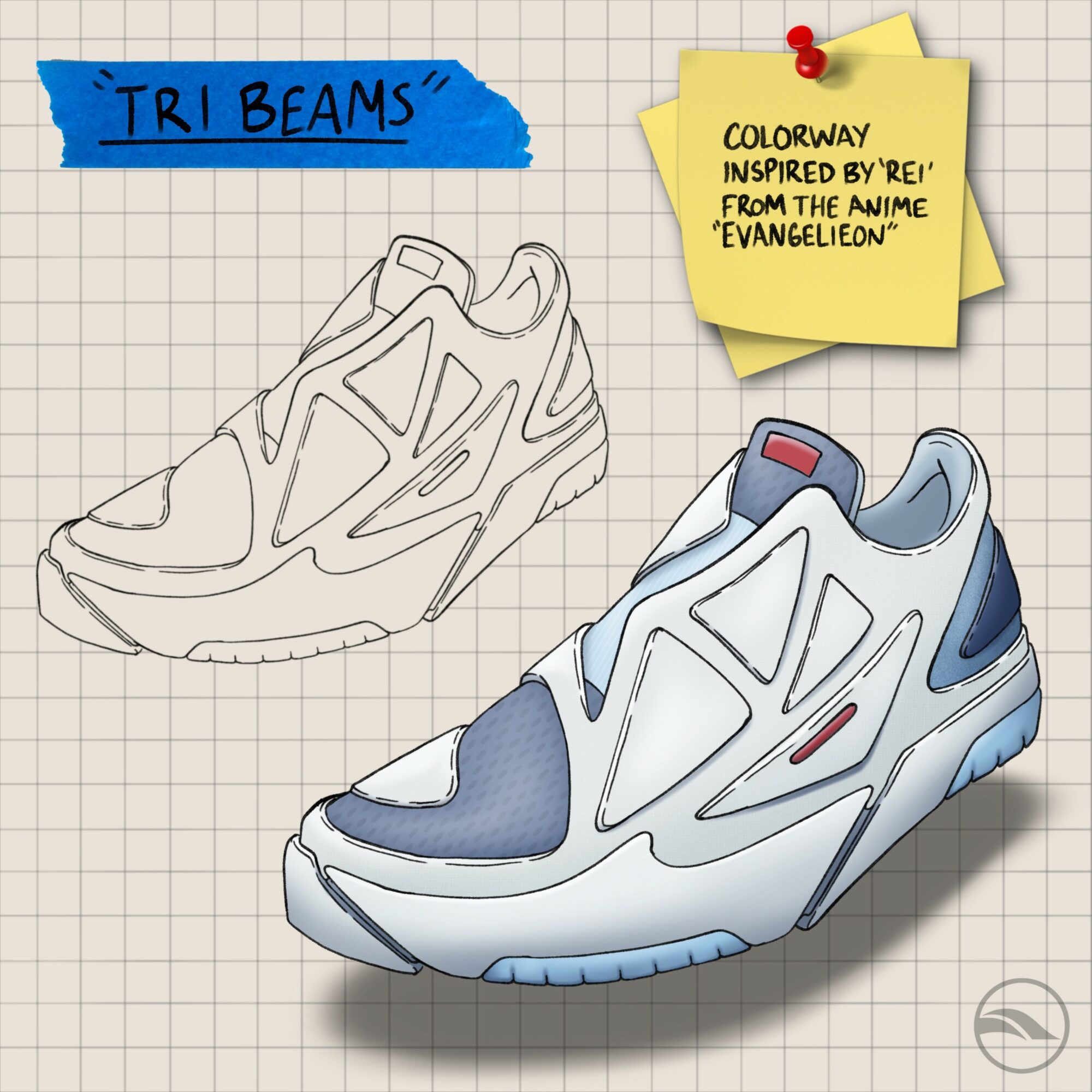 Colorful sneaker design with geometric patterns, blue, white, and red accents, on graph paper background, with handwritten notes and sticky note.