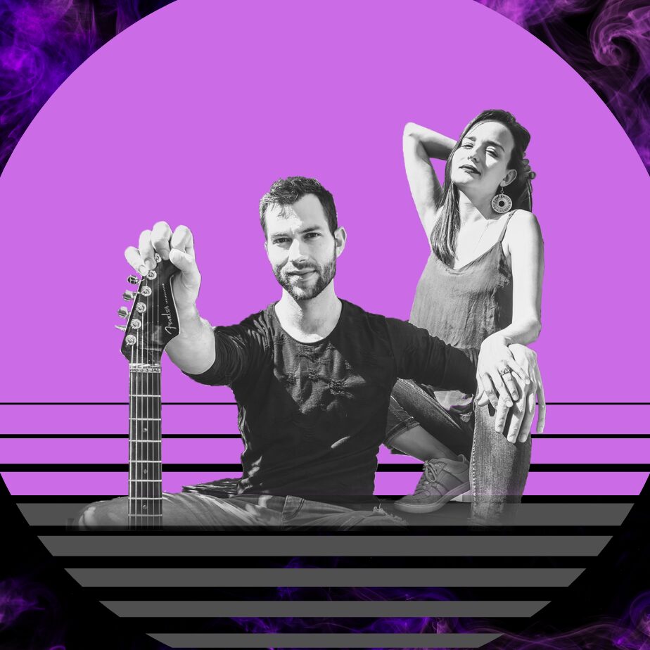 Two people, one holding a guitar, pose against a purple background with horizontal lines, in a stylized graphic design.