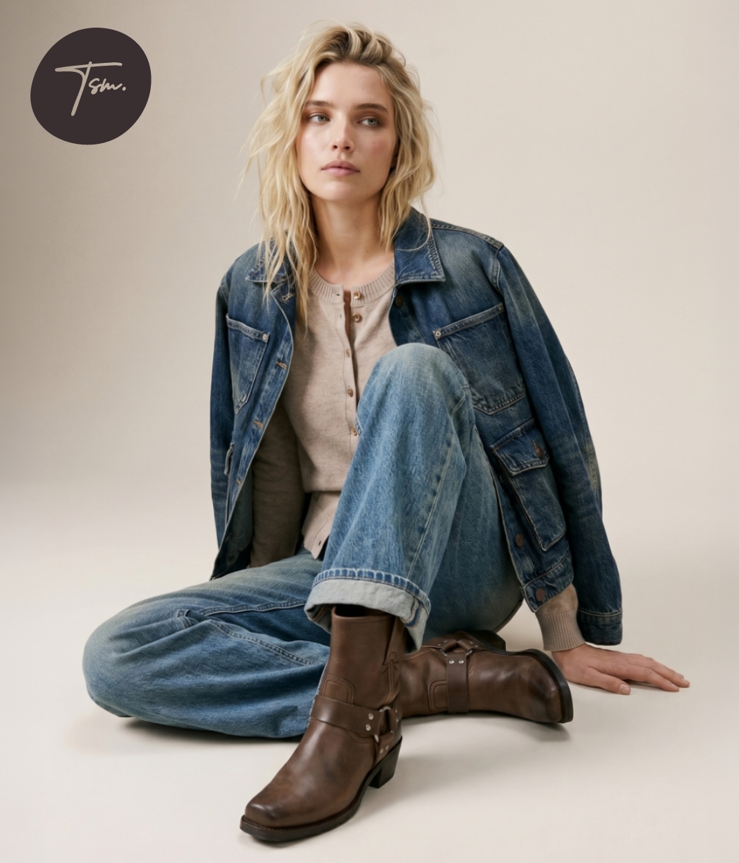 Young woman with blonde hair sitting on the floor, wearing a denim jacket, beige top, jeans, and brown boots, against a plain background.
