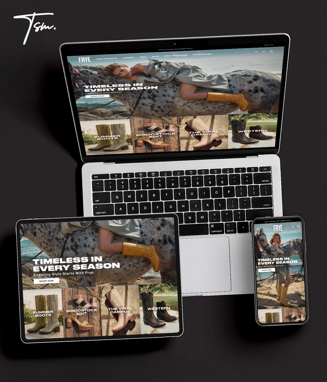 Laptop, tablet, and smartphone displaying outdoor adventure images and text about every season, on a black background.