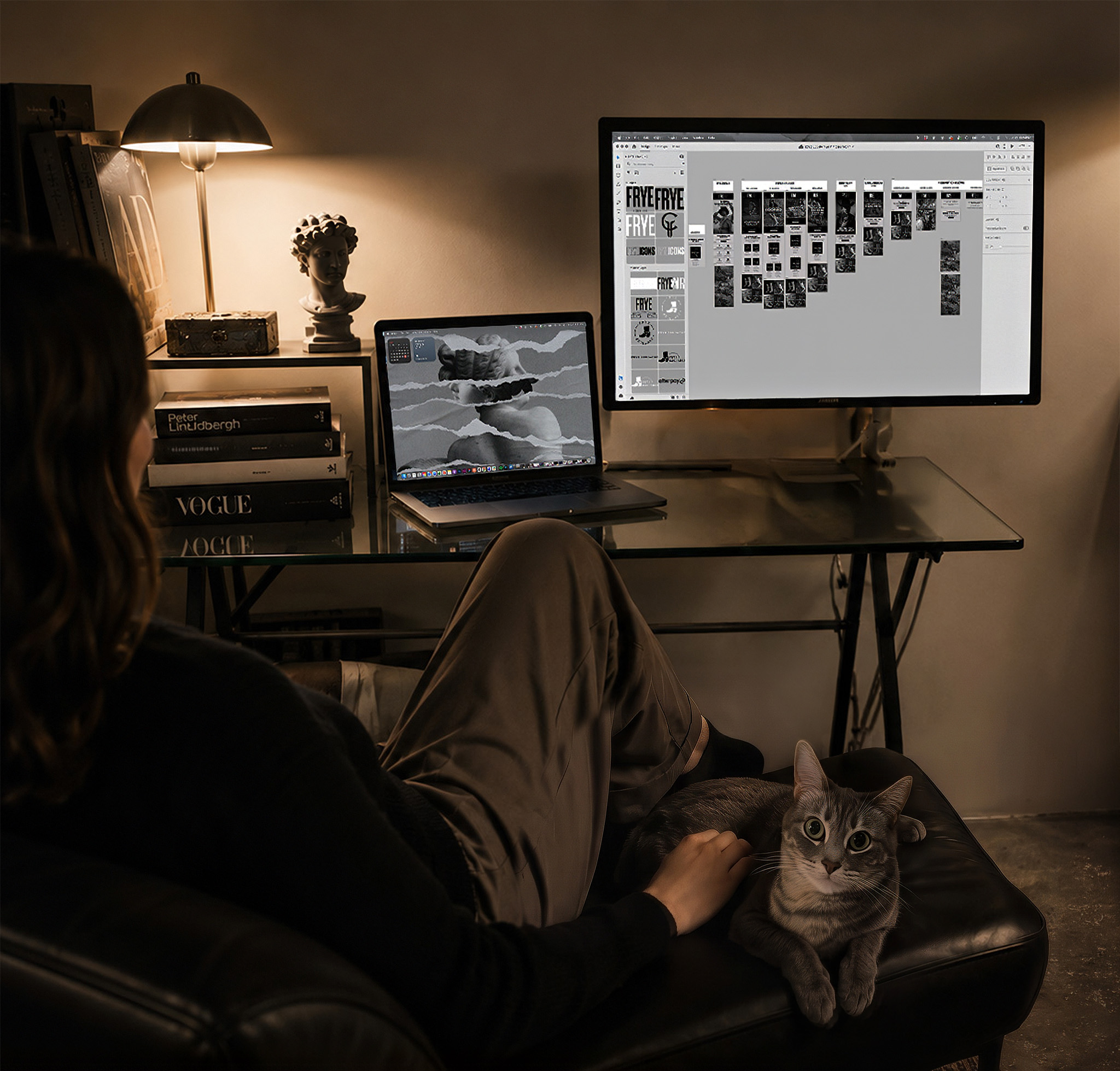 Person sitting on a couch with a cat, working on a laptop and a large monitor in a dimly lit room.