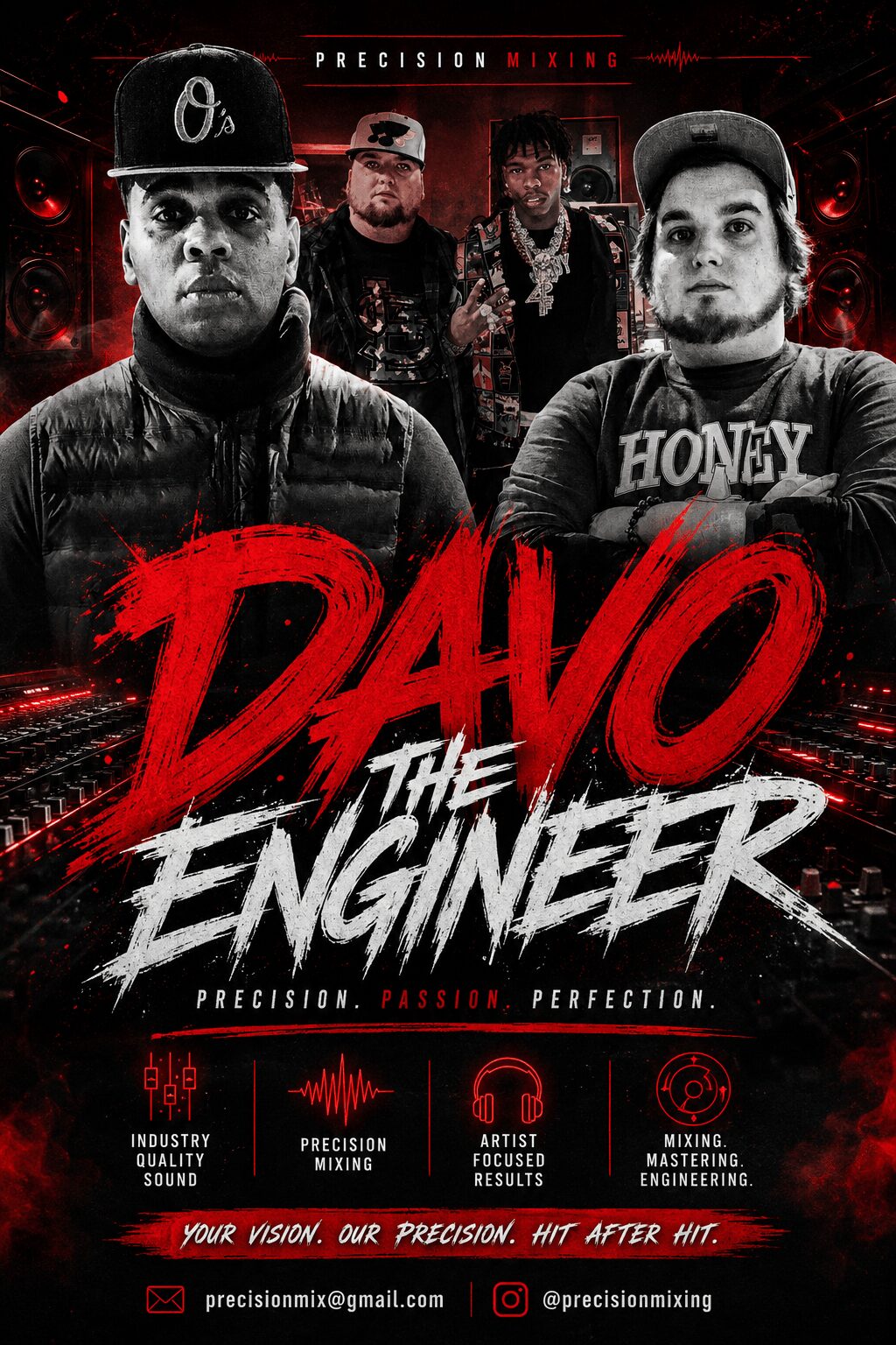Four men pose in front of a dark background with red accents, with bold red and white text displaying 'Davo The Engineer'.