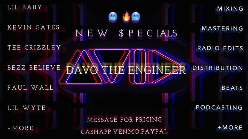 Neon sign with the word 'Davo' and various music-related words around it, on a dark background.