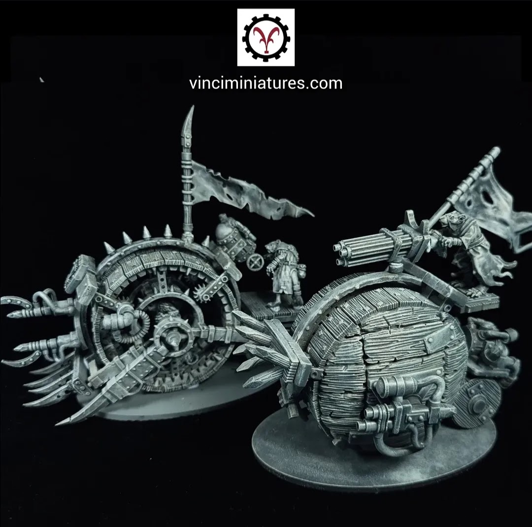 Detailed metallic miniature model of a mechanical creature with gears, spikes, and weapons, set against a black background.