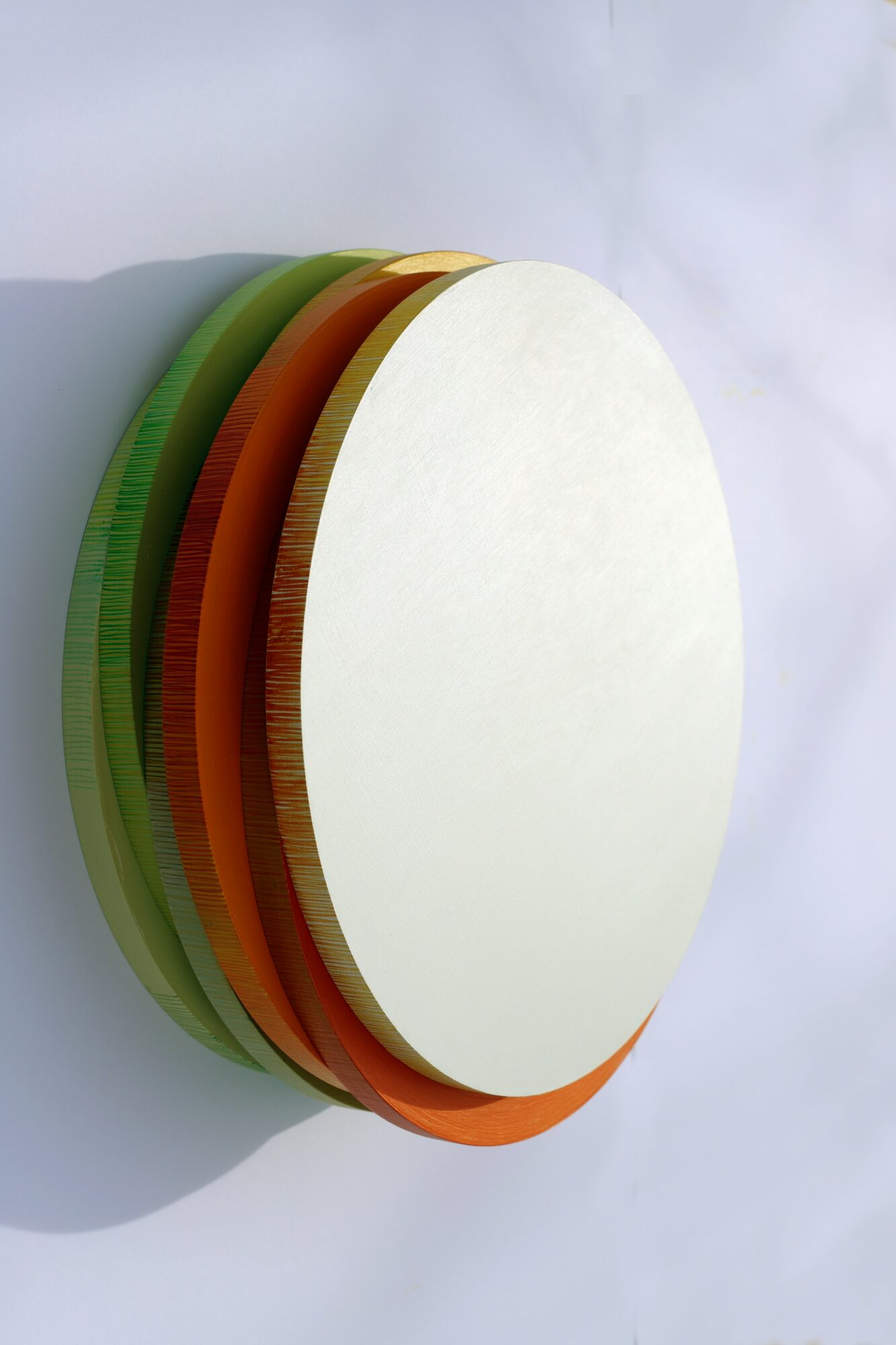 Stacked colorful round plates with white top plate, viewed from the side, on a white background.