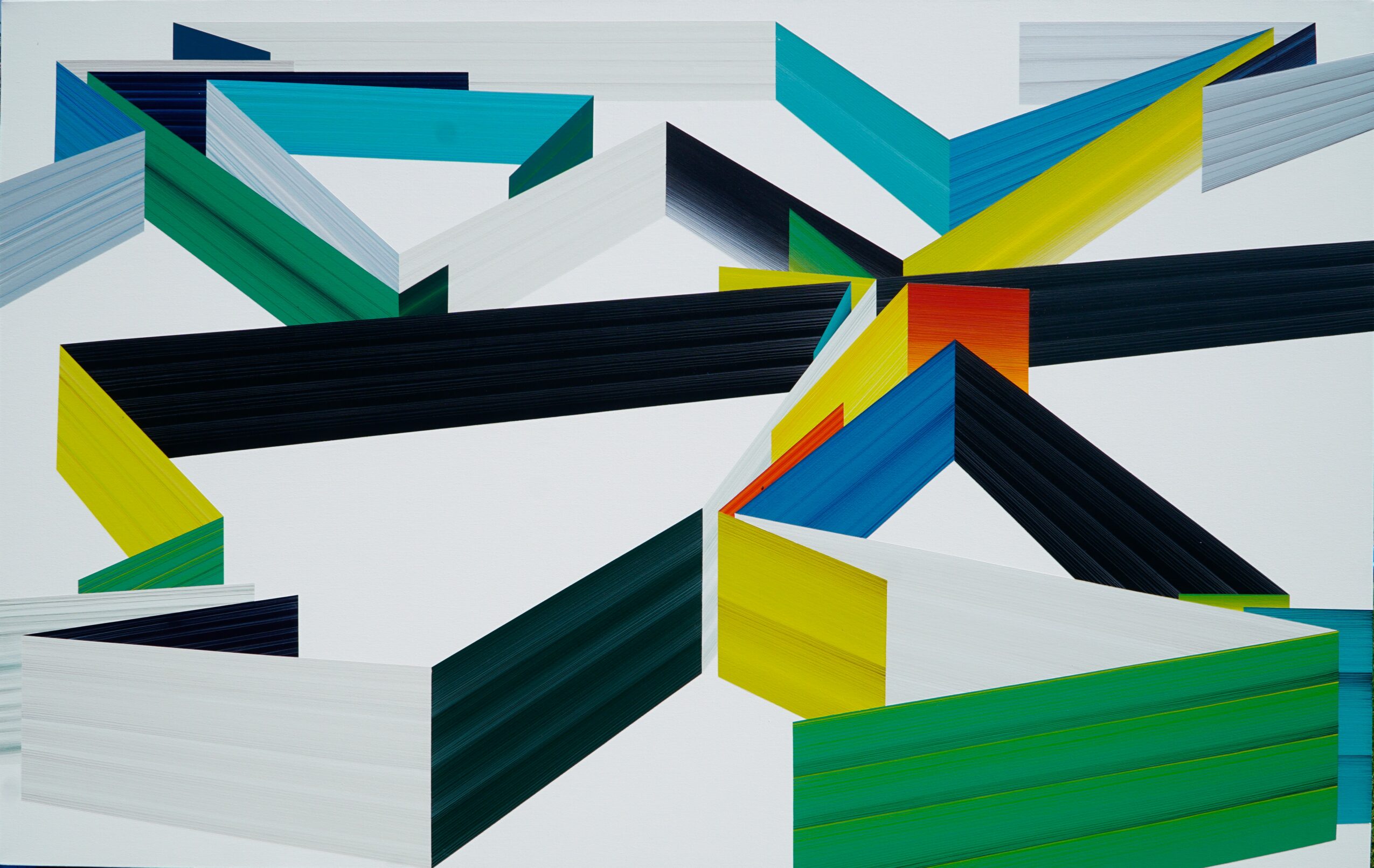 Abstract geometric shapes with colorful, angular structures arranged in a pattern, featuring black, white, green, yellow, blue, and gray elements.