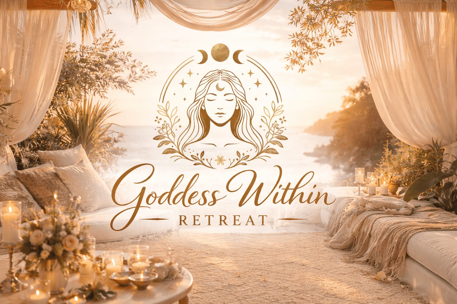 Serene outdoor retreat with draped curtains, cushions, and floral arrangements overlooking water at sunset, with a goddess illustration and text.