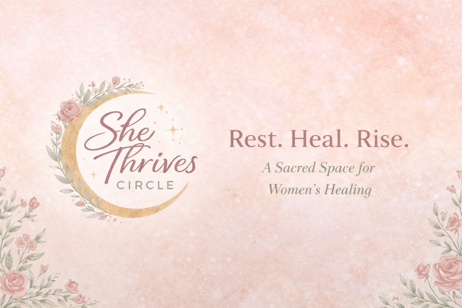Pink background with floral accents, logo reads 'She Thrives Circle,' and text says 'Rest. Heal. Rise. A Sacred Space for Women's Healing.'
