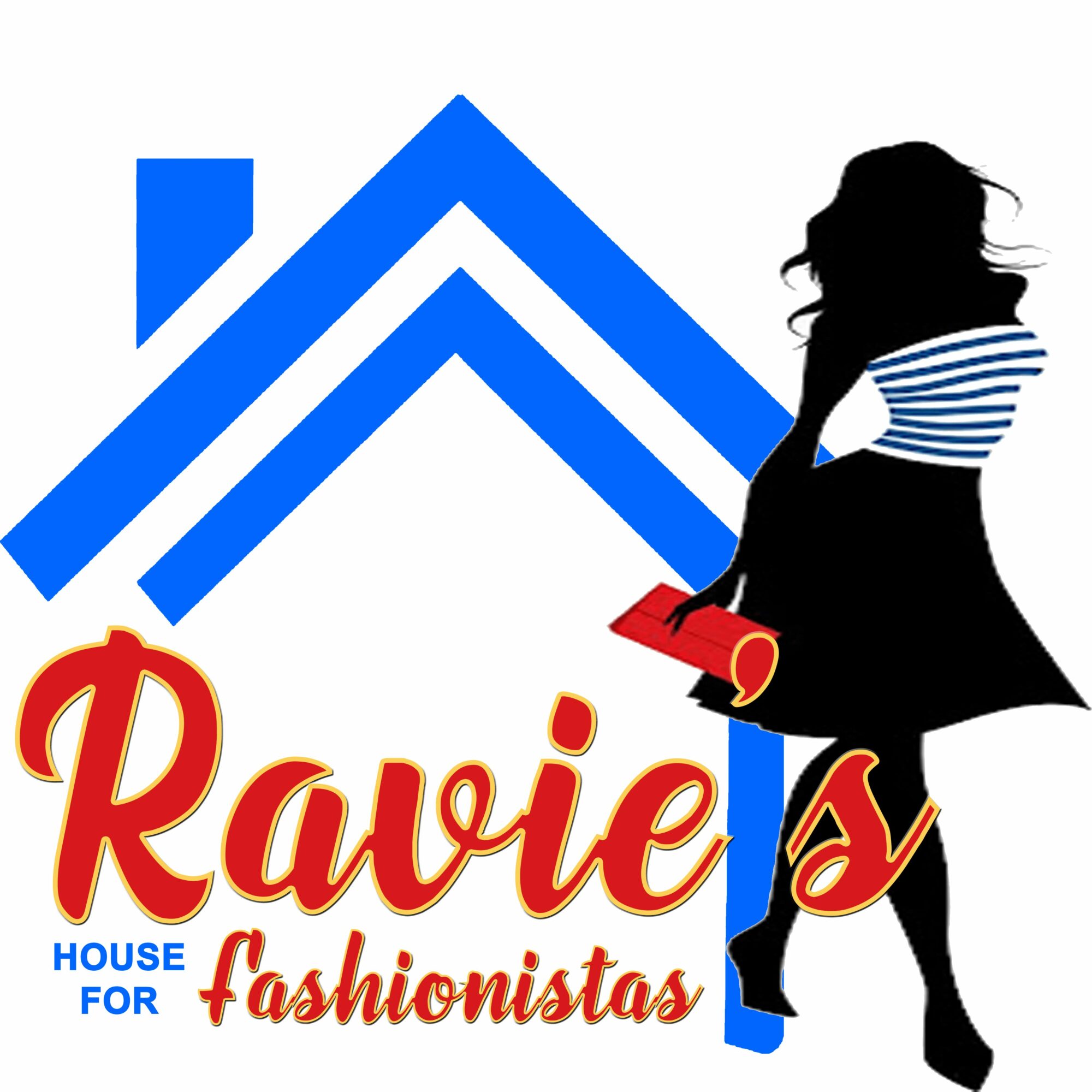 Silhouette of a woman with wavy hair holding a red purse, standing next to a house logo, with the text
