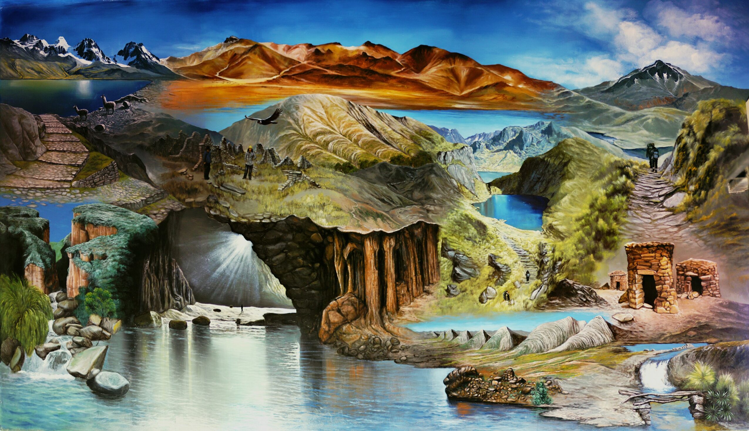 Landscape with mountains, lakes, waterfalls, caves, and greenery, depicting various natural features and terrains.