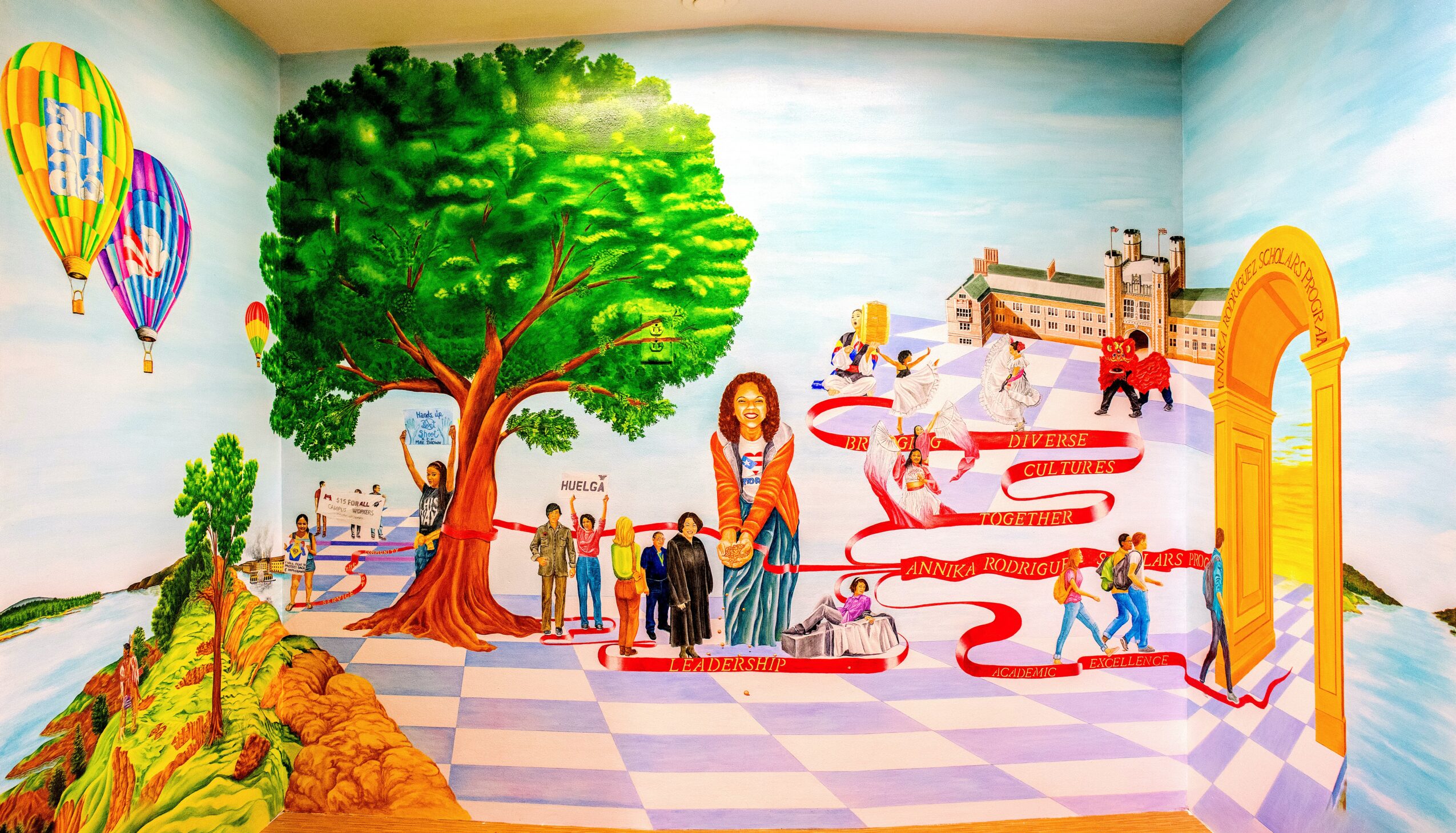 Colorful mural of a park scene with a large tree, children, a woman, a castle, and a slide, in a vibrant setting.