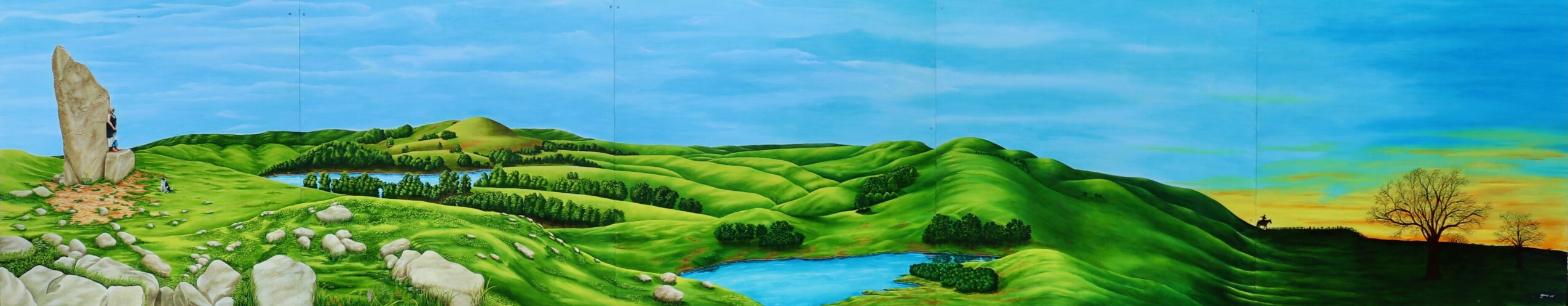 Landscape mural with green hills, a river, and a blue sky, painted in a panoramic style.