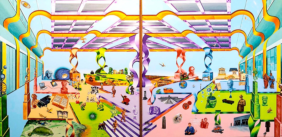 Colorful indoor playground with slides, climbing structures, and children playing, divided into two sections with vibrant colors.