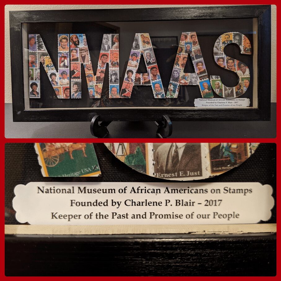 Display with the word 'MIAMAS' made of stamps, and a plaque with museum information, including founding year 2017.