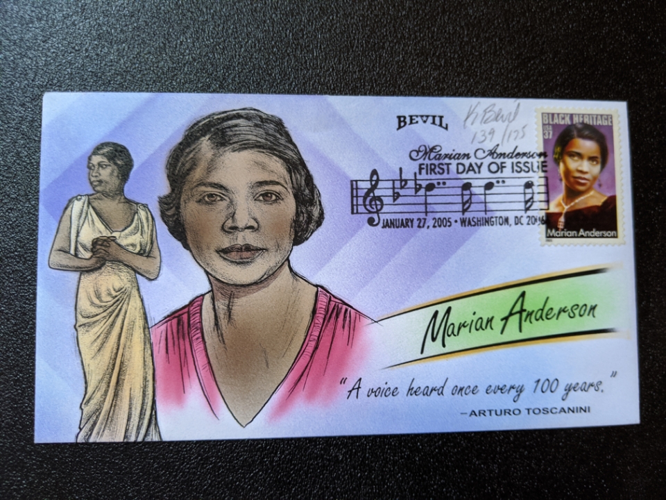 Illustration of a woman with short hair, a statue of a woman in a dress, and a postage stamp of Marian Anderson.