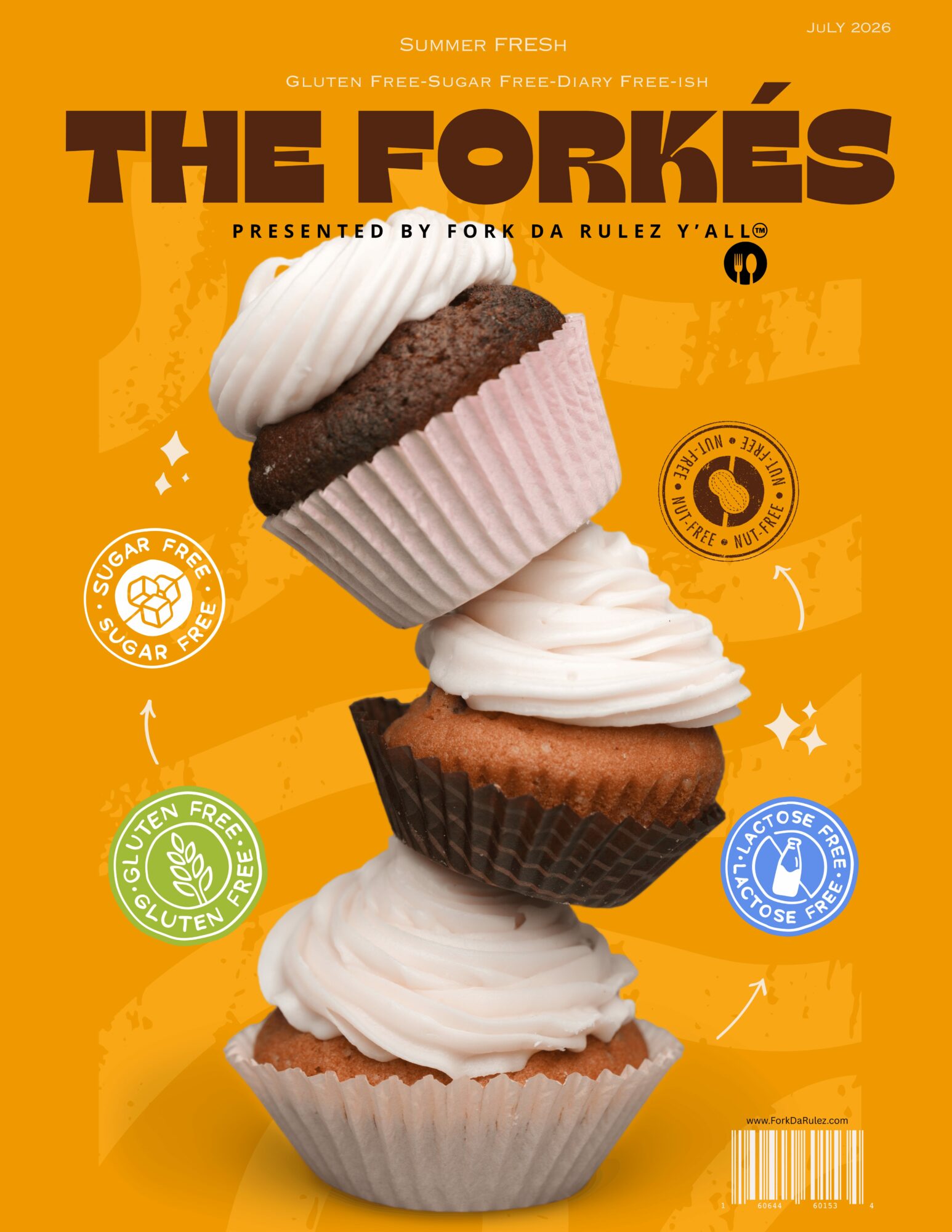 Stacked cupcakes with white frosting on orange background, featuring icons and text about ingredients and flavors.