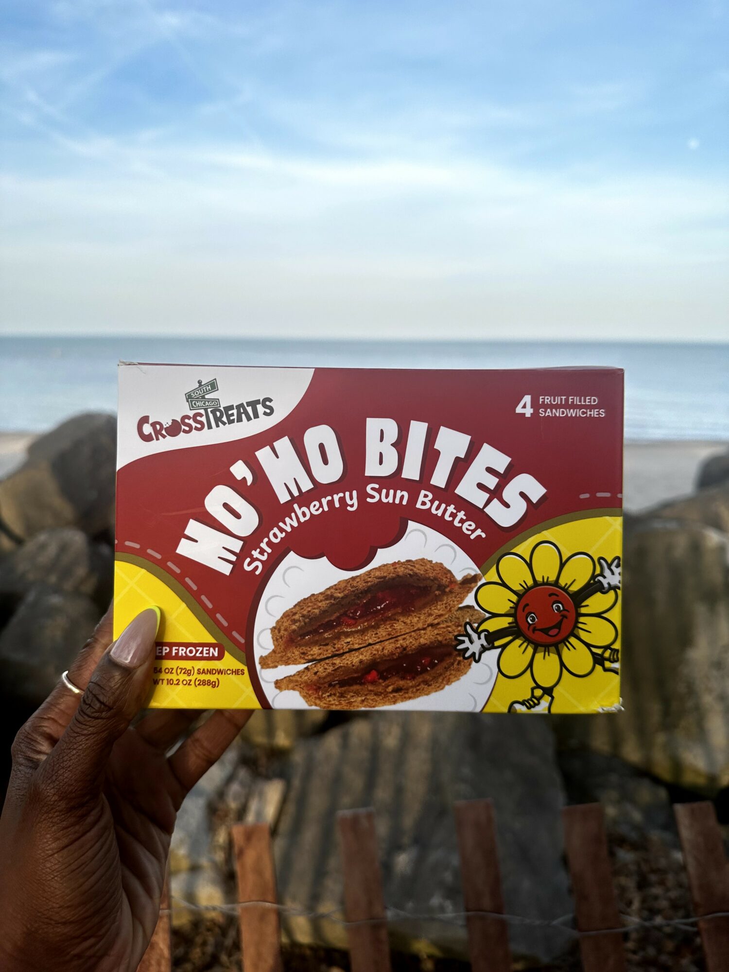 Hand holding a box of Who Bites strawberry sun butter sandwiches against a beach background with rocks and sky.