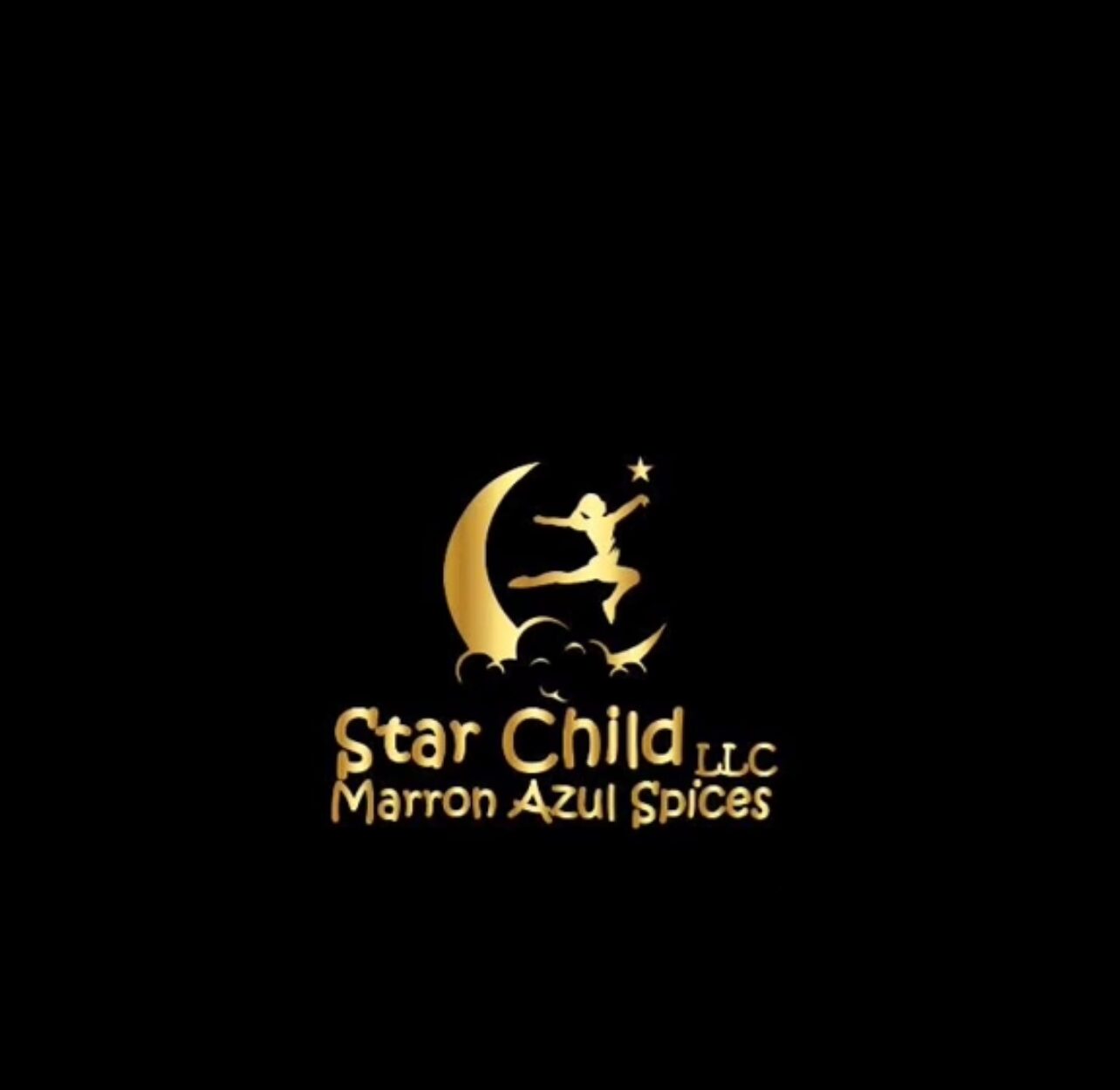 Logo with a child jumping over a crescent moon and star, with text 'Star Child LLC' and 'Marron Azul Spices'.