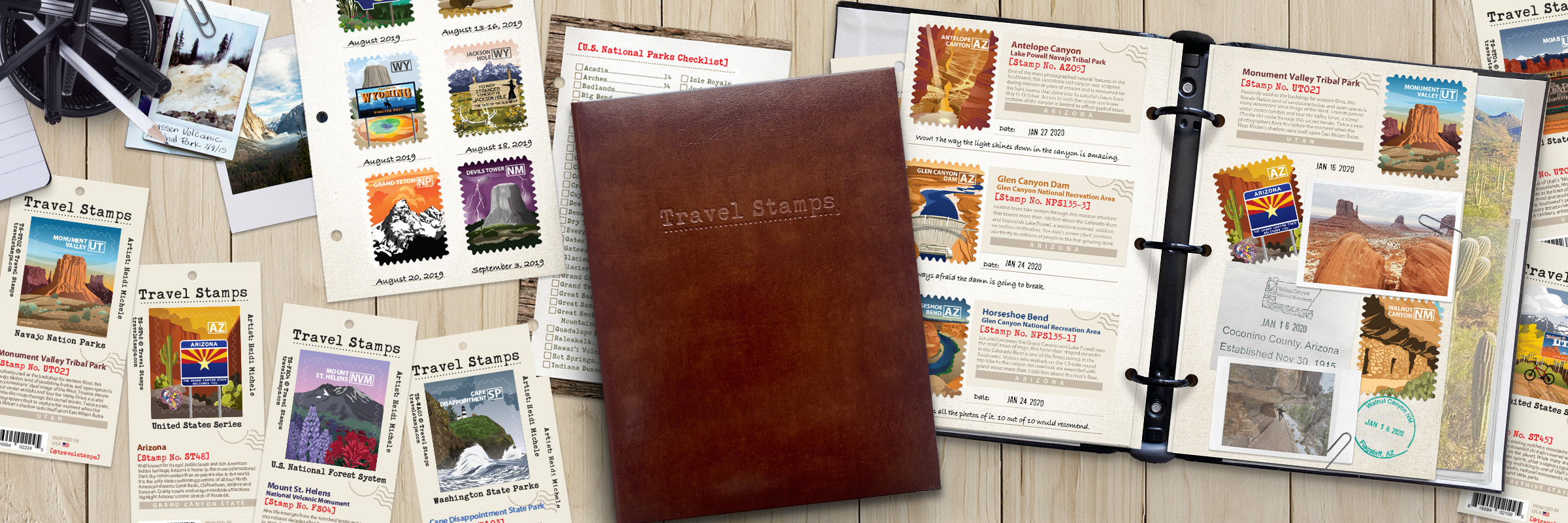 Open photo album with pages displaying various colorful images and a closed brown leather-bound book on top.