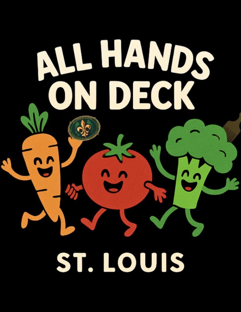 Text and cartoon vegetables with smiling faces, including a carrot, tomato, and broccoli, on a black background.