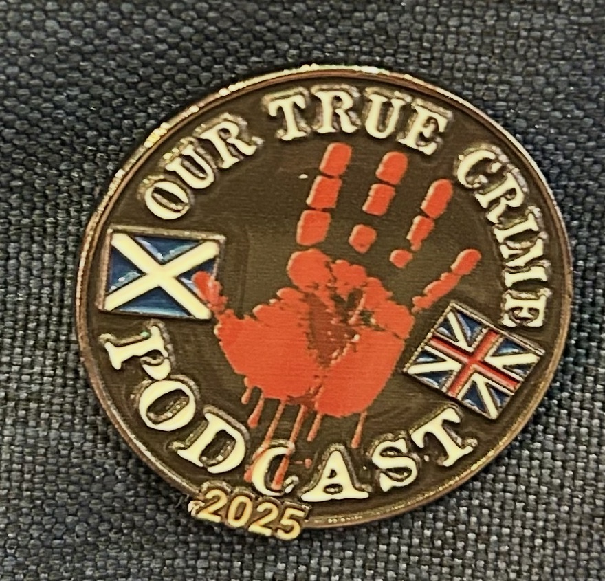A coin with a red handprint, Scottish and British flags, and text reading 'Our True Grace Podcast 2025'.