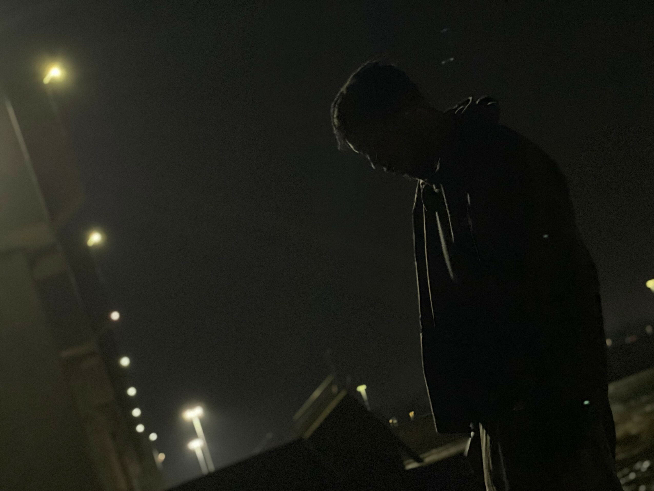 Silhouette of a person standing outdoors at night with streetlights in the background.