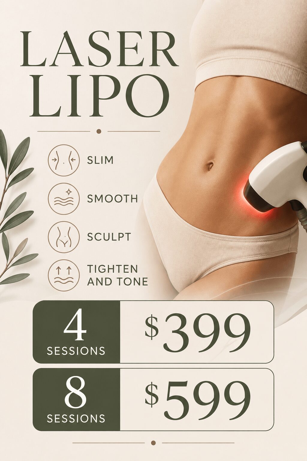 Close-up of a woman's midsection with a laser device on her abdomen, promoting laser liposuction treatments, with pricing details.