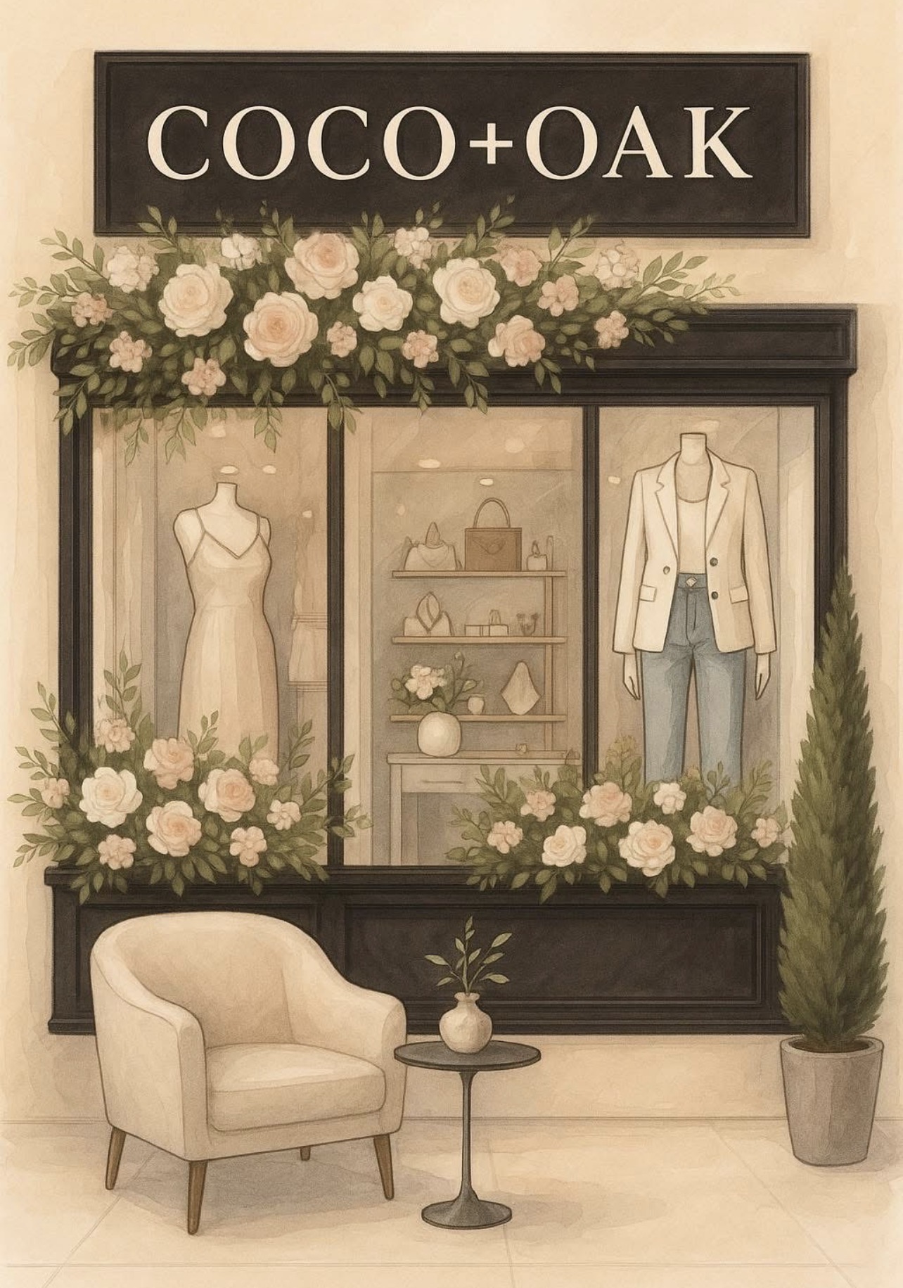 Display window with floral decorations, mannequins dressed in clothing, and a sign reading 'COCO+OAK' above. A chair and small table are in front.