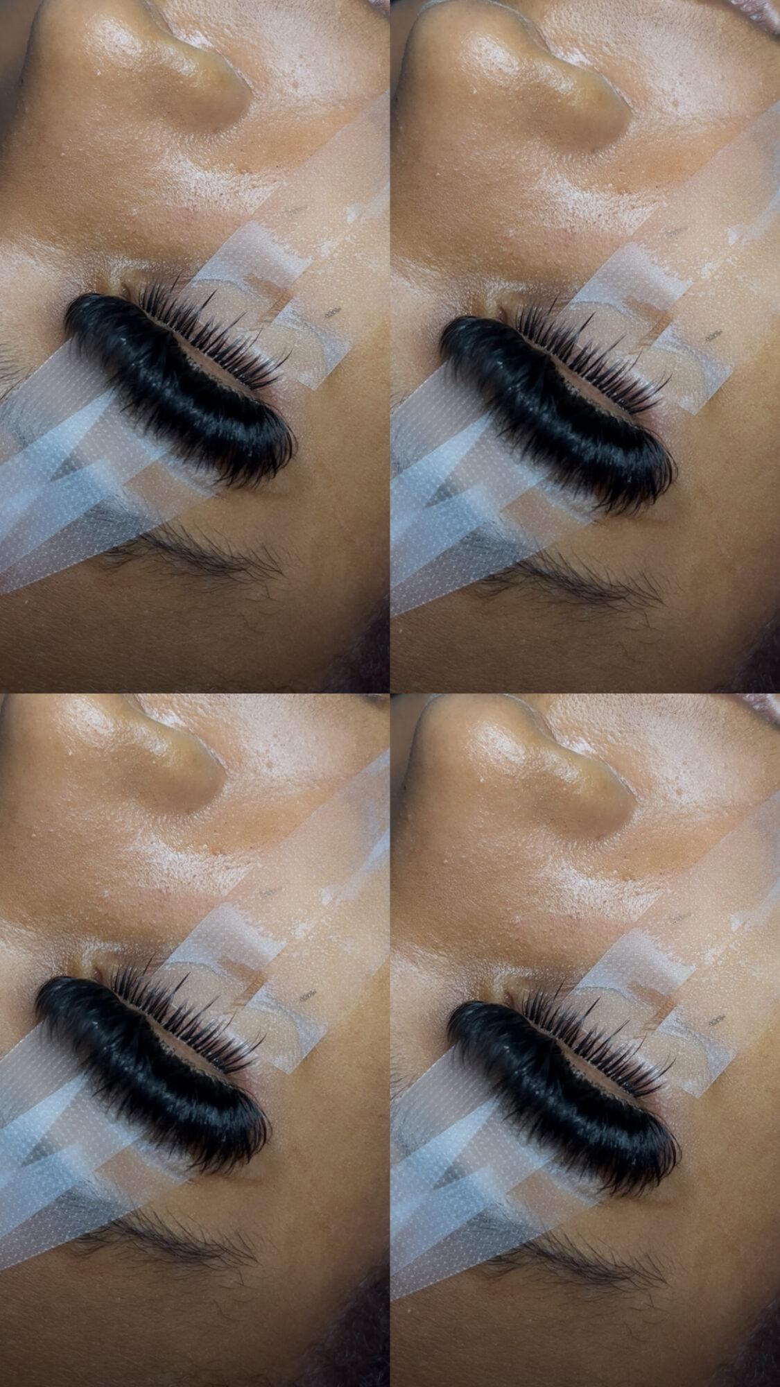 Close-up of a person's eye with long eyelashes and a false eyelash applied, four times in a grid.