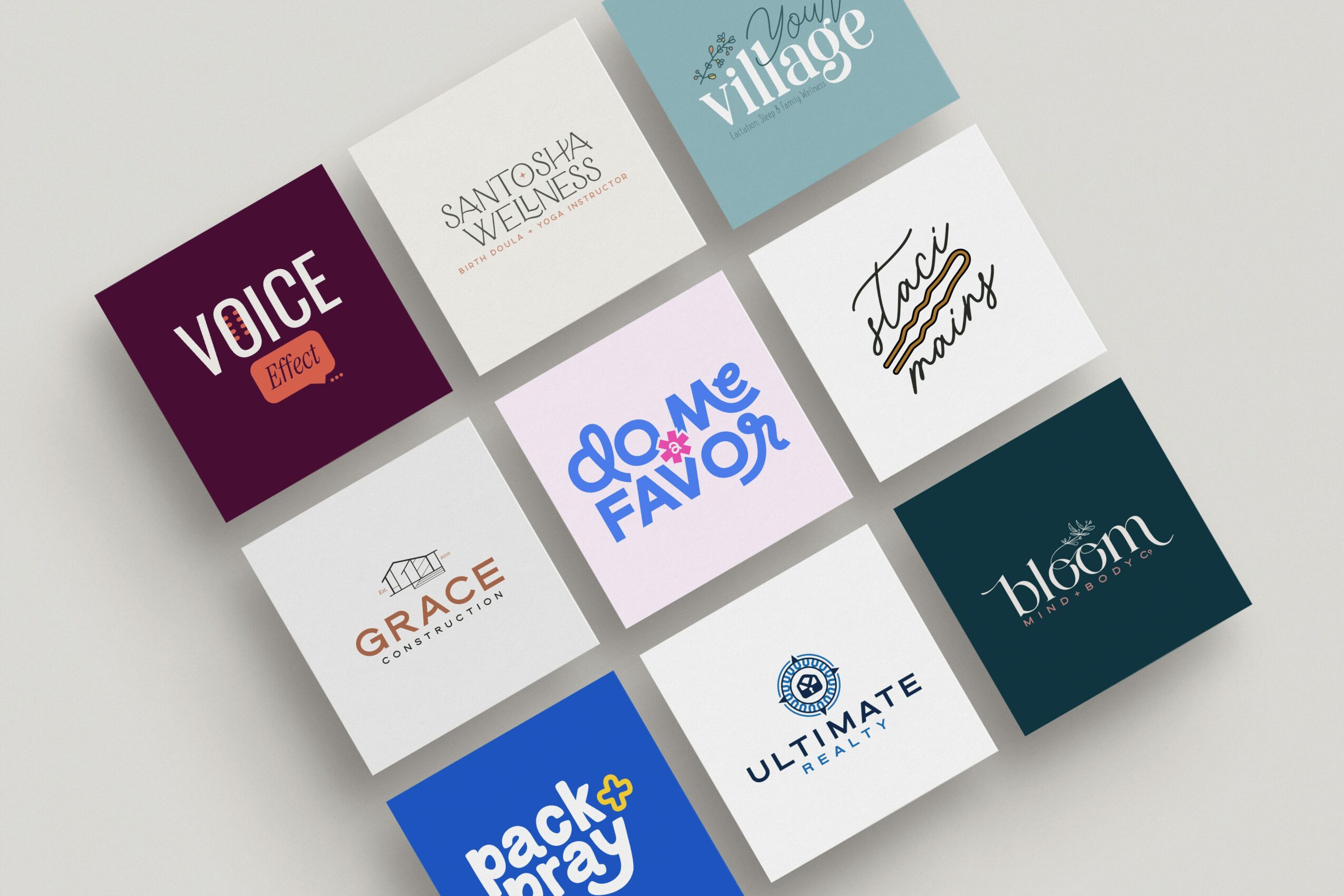 Nine colorful squares with various logos and text, arranged in a 3x3 grid, on a white background.